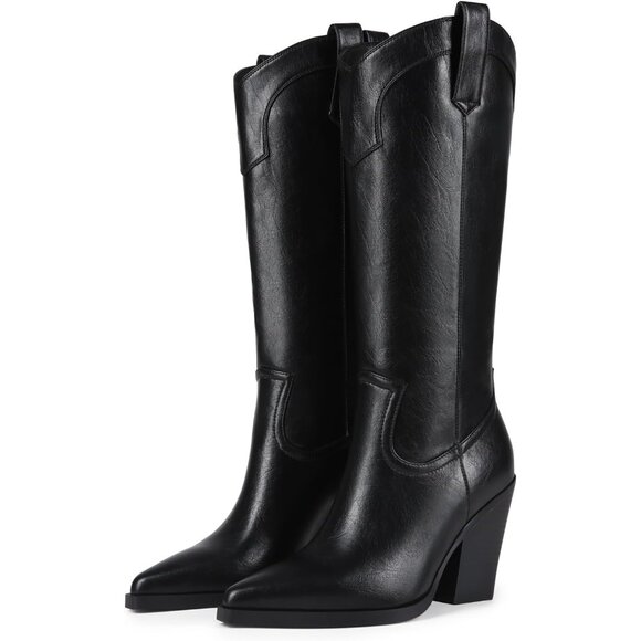 ⚡Women's Black Western Knee High Cowgirl Boots Pointed Toe 9cm Chunky Heel - Picture 1 of 6